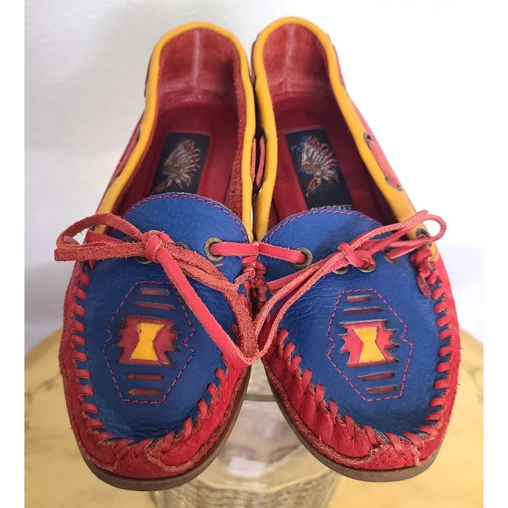 Cherokee US 6 Leather Moccasins Loafers Slippers Boho Festival Red‎ Blue Yellow - Picture 2 of 11